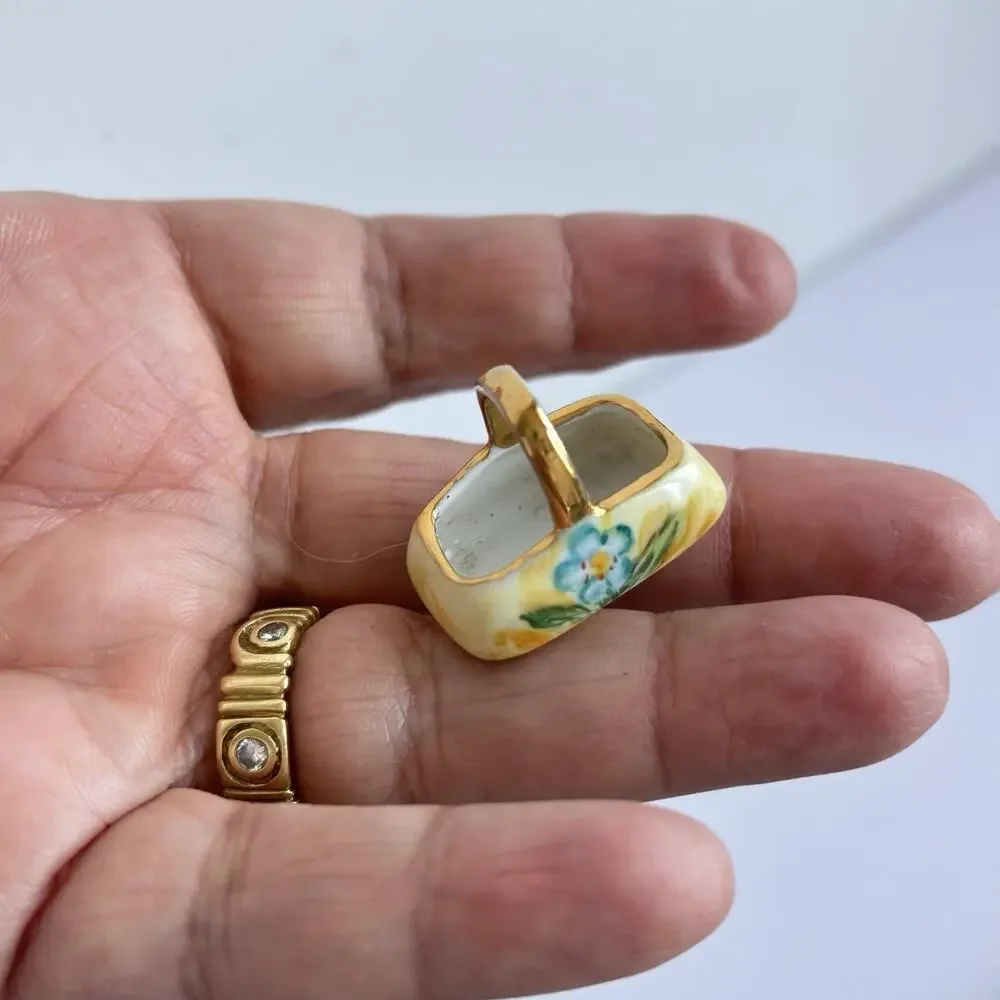 Vtg Limoges France Miniature Porcelain Basket Hand Painted Floral Gold Trim